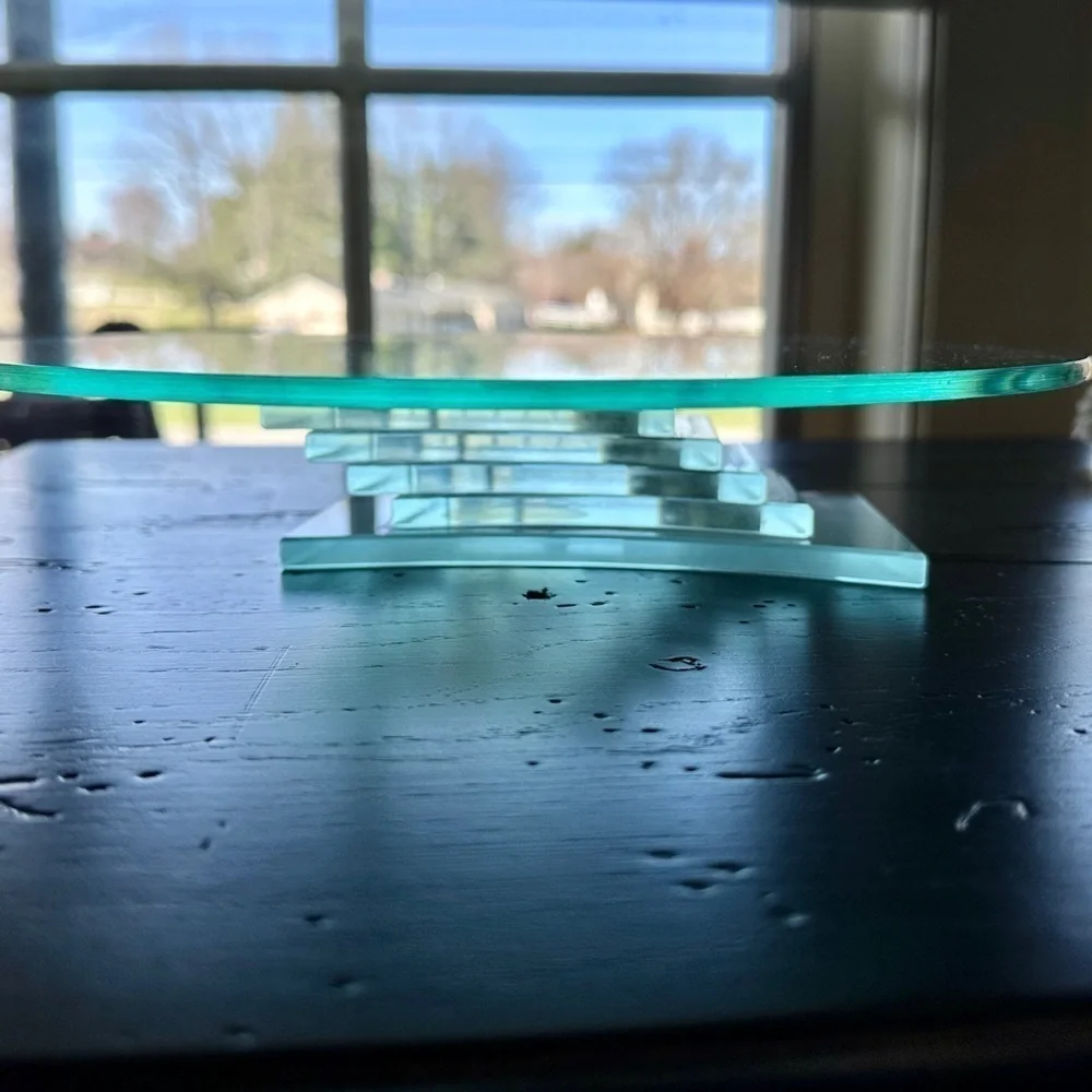 PARTYLITE, RETIRED, 3-WICK GLASS CANDLE HOLDER WITH GLASS STEP PEDESTAL.